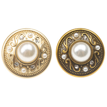 Misty gold round button with domed pearl center and diamond-like rhinestone accents