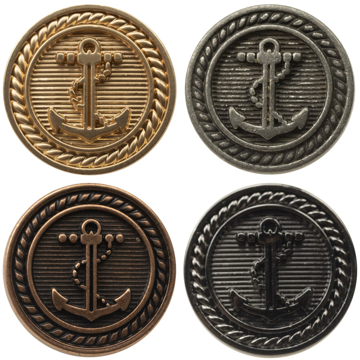 Round nautical anchor metal buttons, gold and silver finishes, for suits and coats