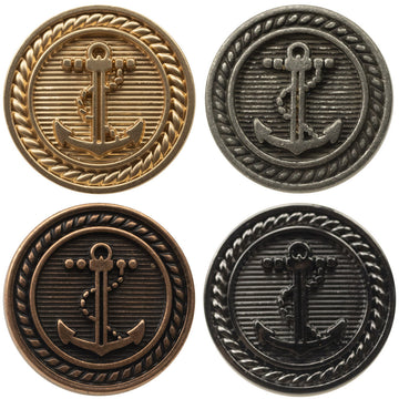 Round nautical anchor metal buttons, gold and silver finishes, for suits and coats