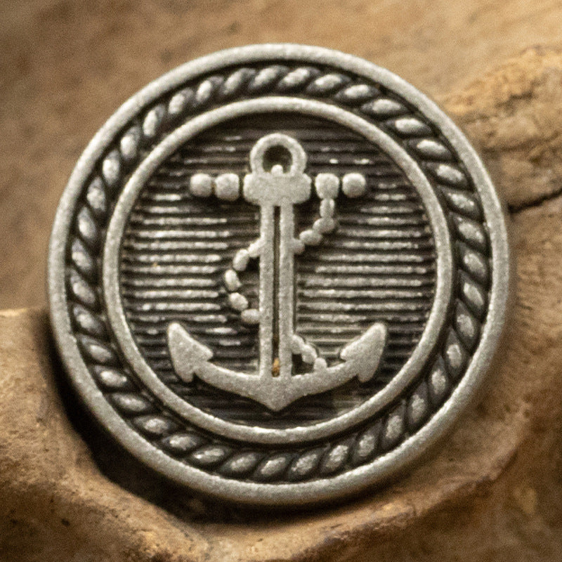 Silver nautical anchor metal button, round design with braided border