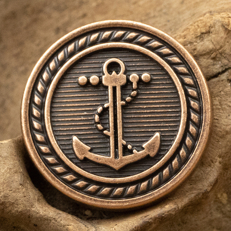 Red bronze nautical anchor metal button, round braided edge with anchor motif