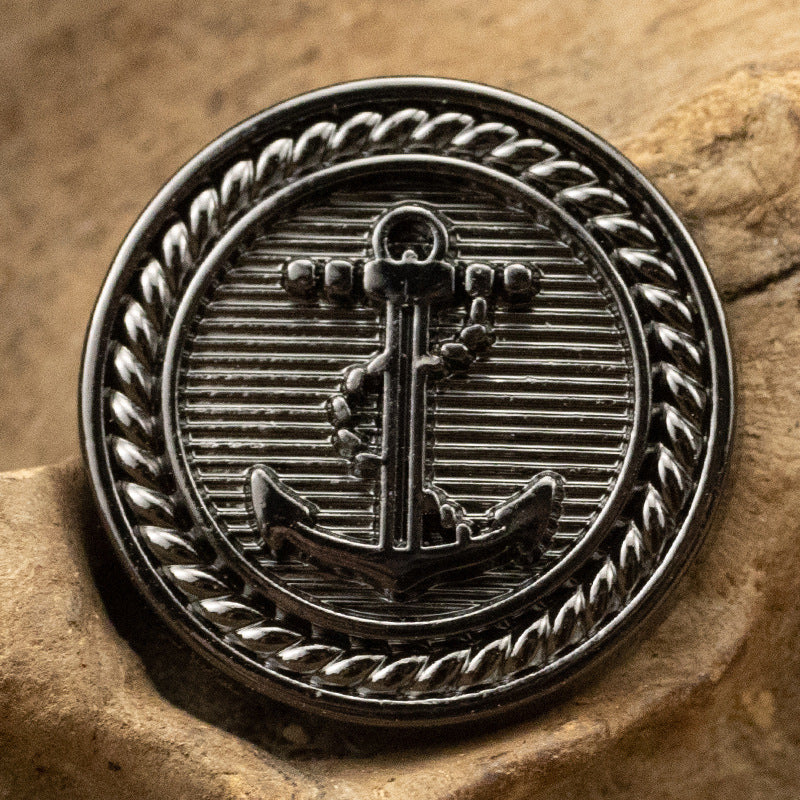 Black nautical anchor metal button, round braided edge with anchor emblem
