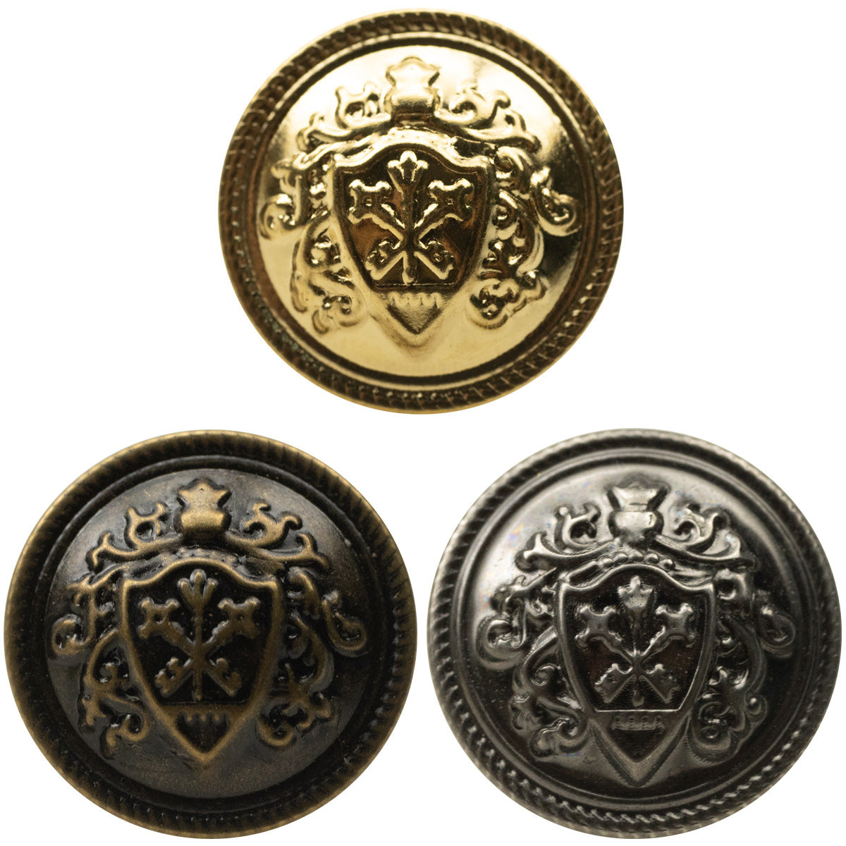 Metal shank buttons with crown crest design, gold, bronze, and silver (set of 20)