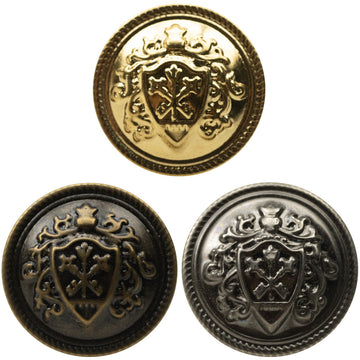 Metal shank buttons with crown crest design, gold, bronze, and silver (set of 20)