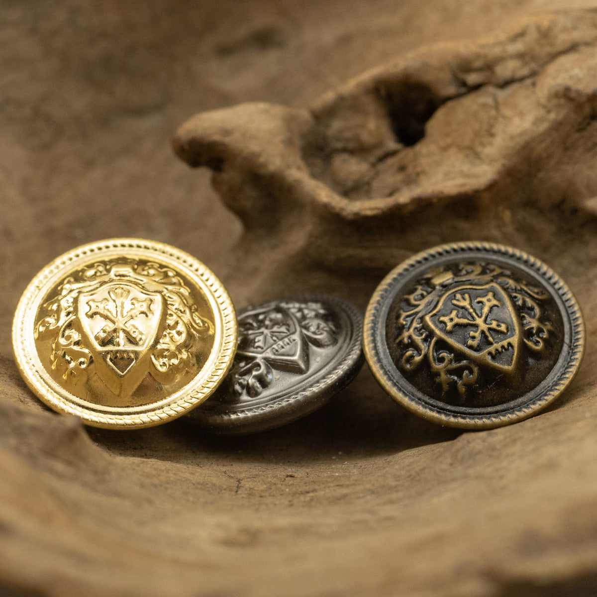 Retro blazer buttons with crown shield crest, gold, bronze, and silver finishes