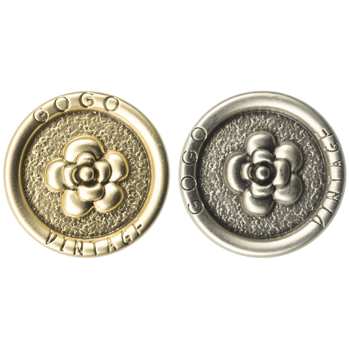Antique metal shank buttons, rose pattern—gold and silver front designs (set of 10)