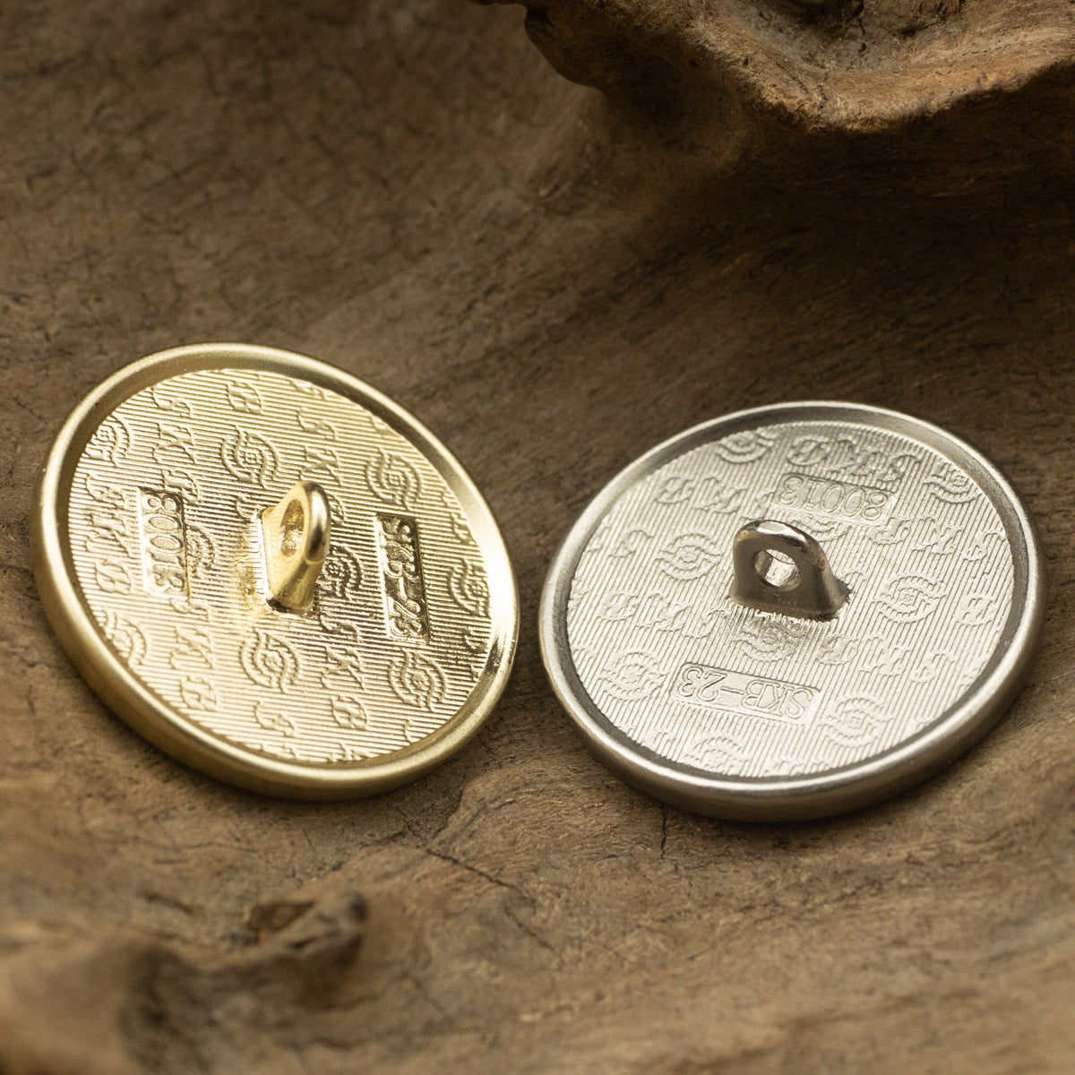 Antique metal shank buttons, rose pattern backs—gold and silver metal shanks