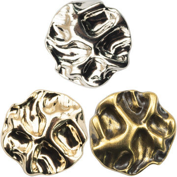 Metal button set with irregular wave pattern and shank, showing silver, gold, and bronze