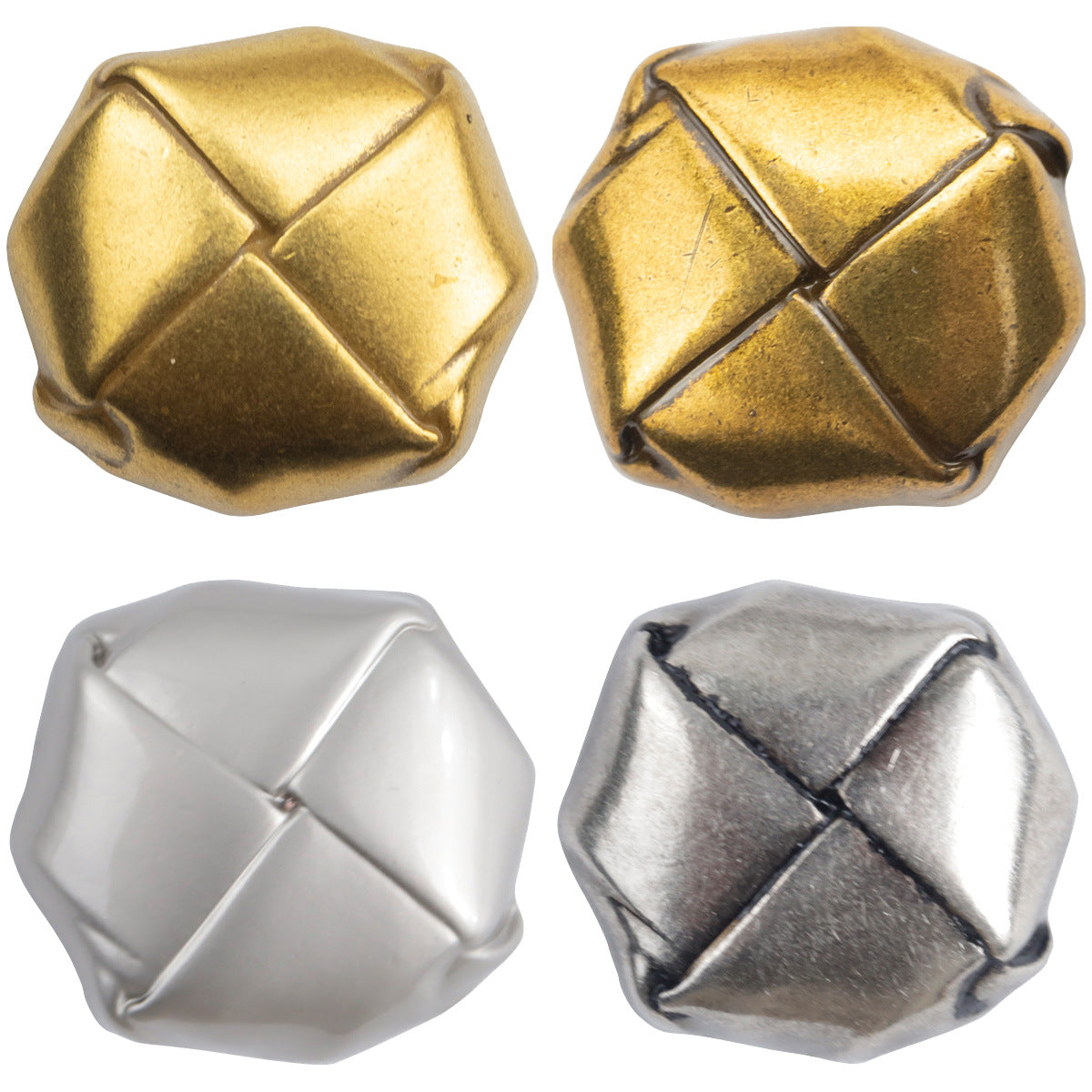 Beret-shaped gold and silver lacquered woven metal buttons, top and underside views (4pcs)