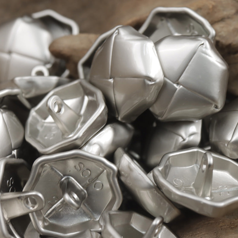 Beret-shaped silver lacquered woven metal buttons with cross-pattern face and loop shanks