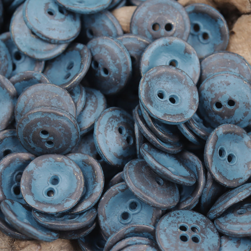 11,5-mm Metallknöpfe, schalenförmig, 2 Löcher, Blau mit rostiger Patina