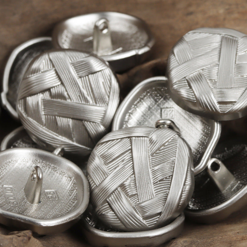Silver-toned metal buttons with irregular woven pattern and loop shank, round