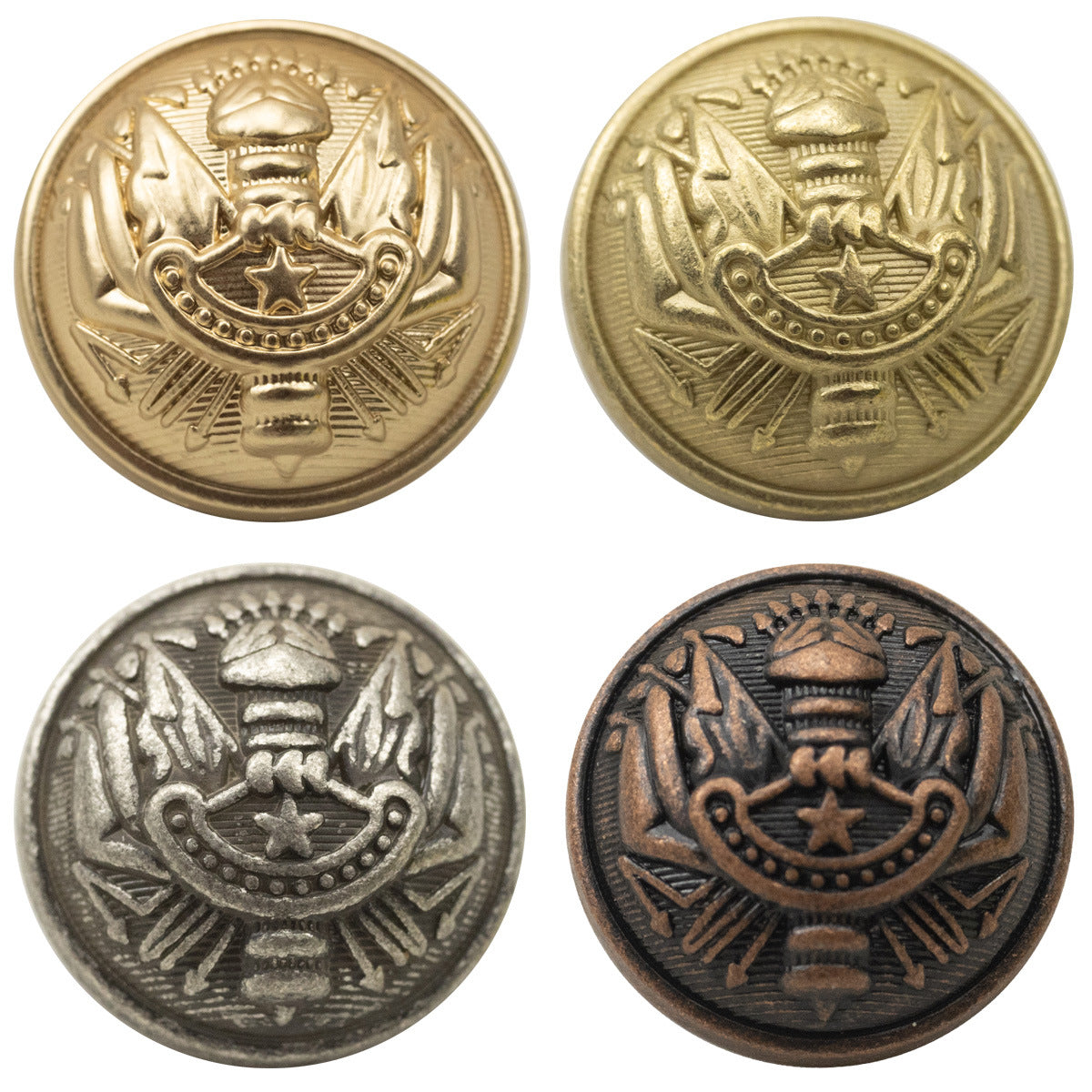 Chinesische Oper-Flag Knöpfe, Metall mit Schaft, antikfarbene runde Reliefmotive