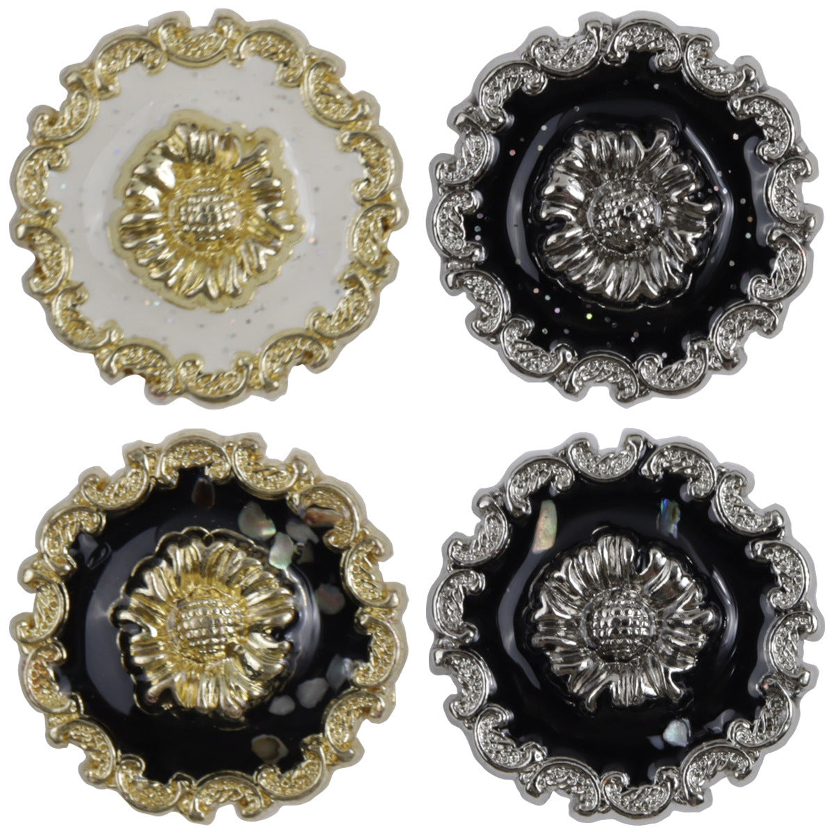 Irregular lace black glued metal button set, gold and silver base, round ornate edges