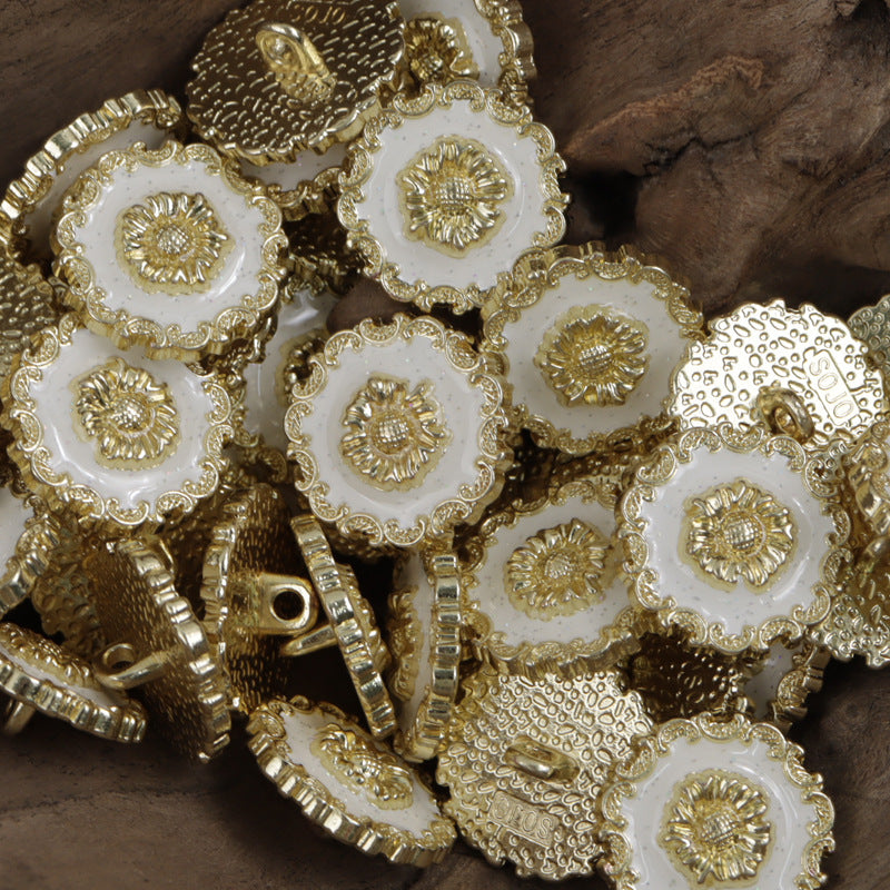 Assorted irregular lace black glued buttons with gold base, multiple round designs