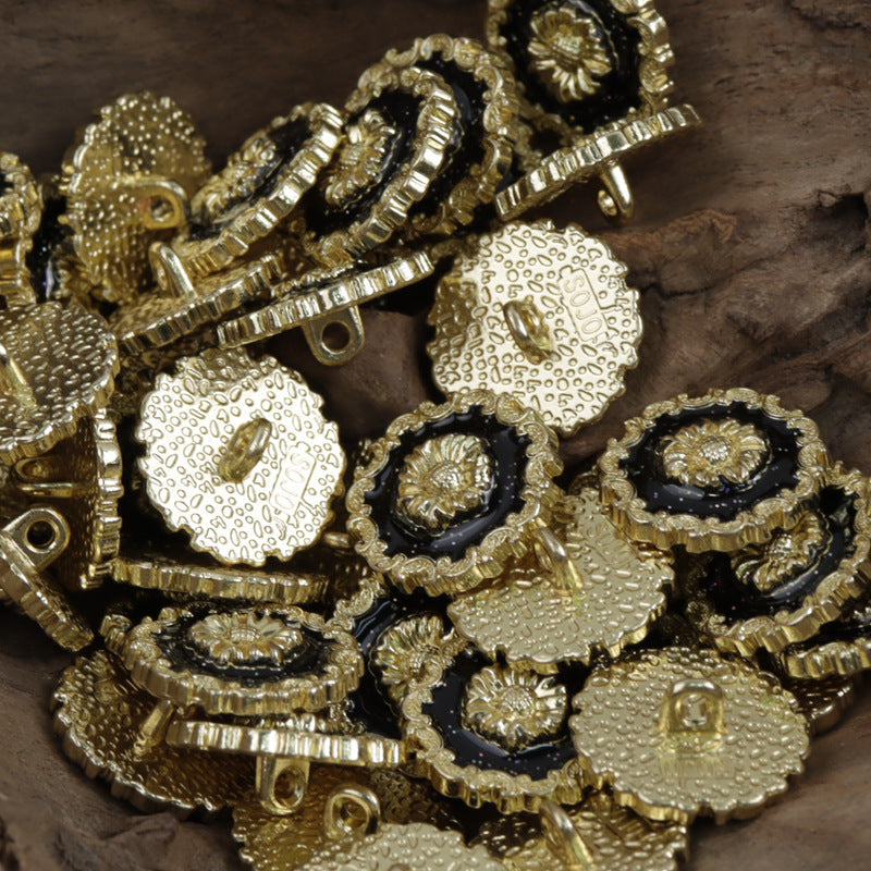 Mixed irregular lace buttons on hooks/loops, gold base and black backing with ornate rims
