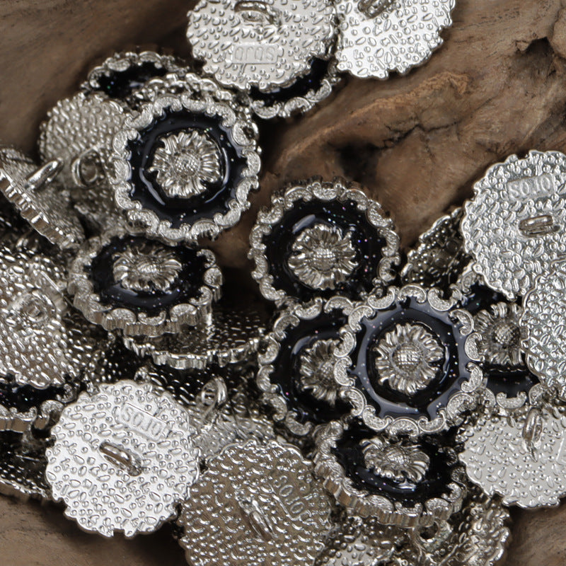 Mixed irregular lace metal buttons, silver base with black centers, ornate scalloped borders