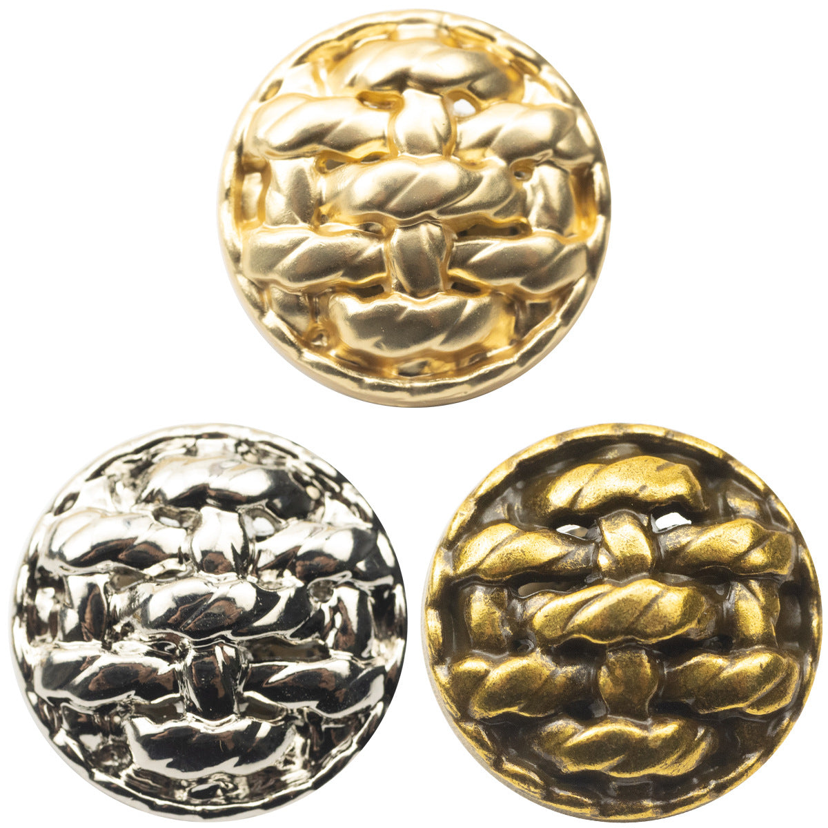 Gold twisted braided metal button, round hammered texture, with shank detail