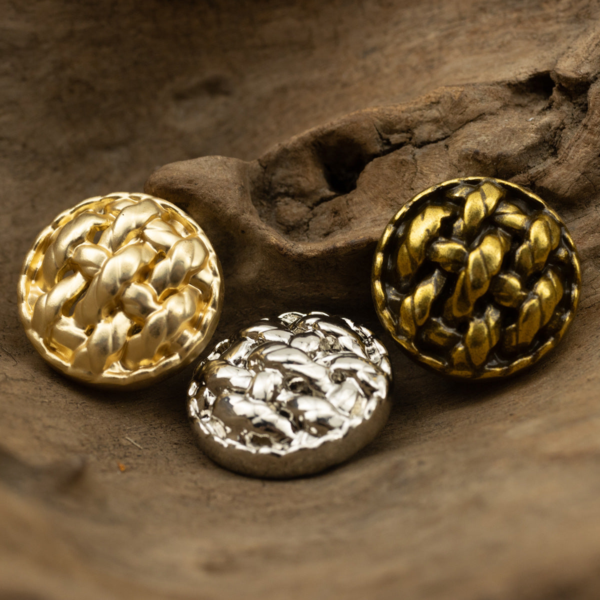 Gold and silver twisted braided metal buttons, round hammered shine, shank backs
