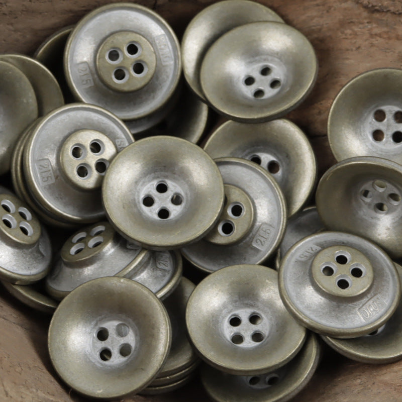 Antique silver bowl-shaped metal buttons, circular convex shape, 4-hole pattern