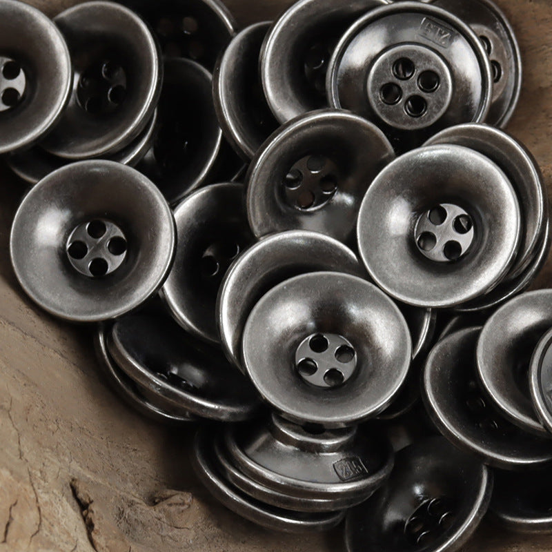 Metal coat buttons with bronze-silver tone, round bowl shape, 4 holes per face