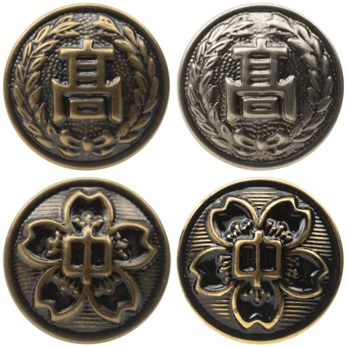 Metallknöpfe: Bronze und Silber mit japanischem Schullogo, Kranzmotiv, 4er-Ansicht