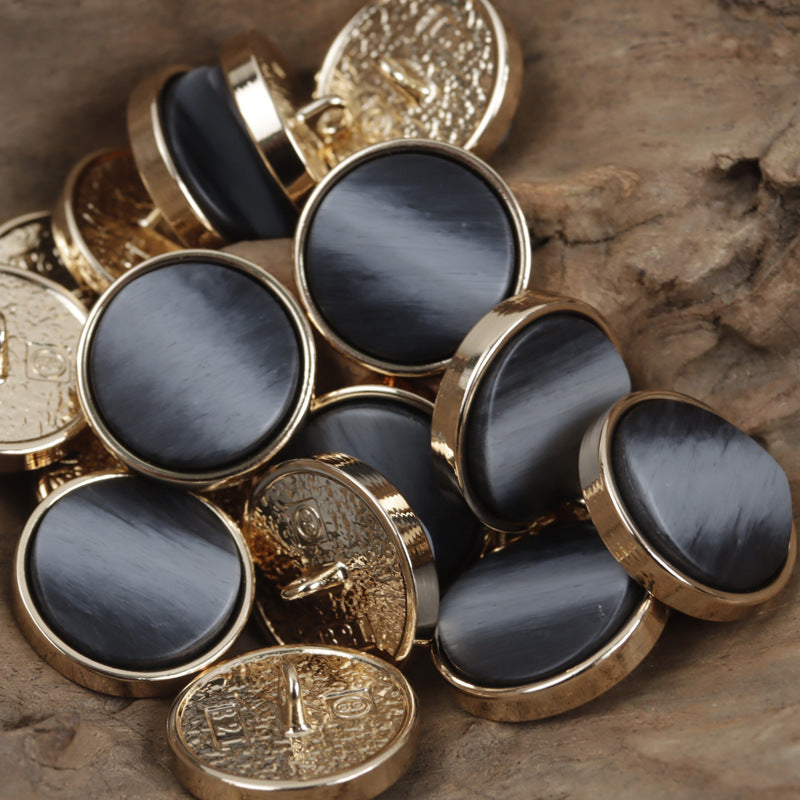 Black face gold-tone base shank buttons with embossed gold rims, 10pcs