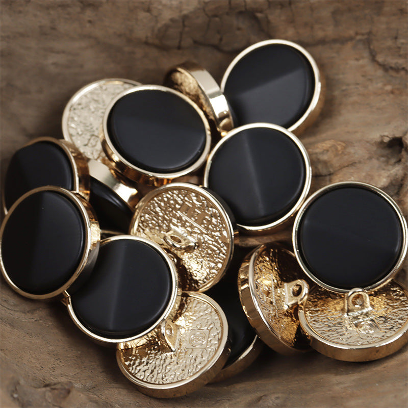 Black face round gold-tone base shank buttons with embossed gold back detail, 10pcs