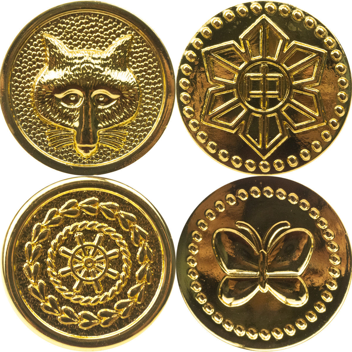 Shiny gold metal shank buttons with fox face and geometric back designs, 6pcs