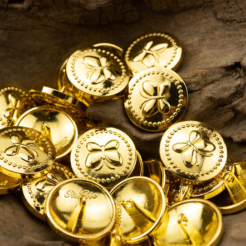 Shiny gold metal shank buttons with bow-like butterfly fronts and beaded rims, 6pcs