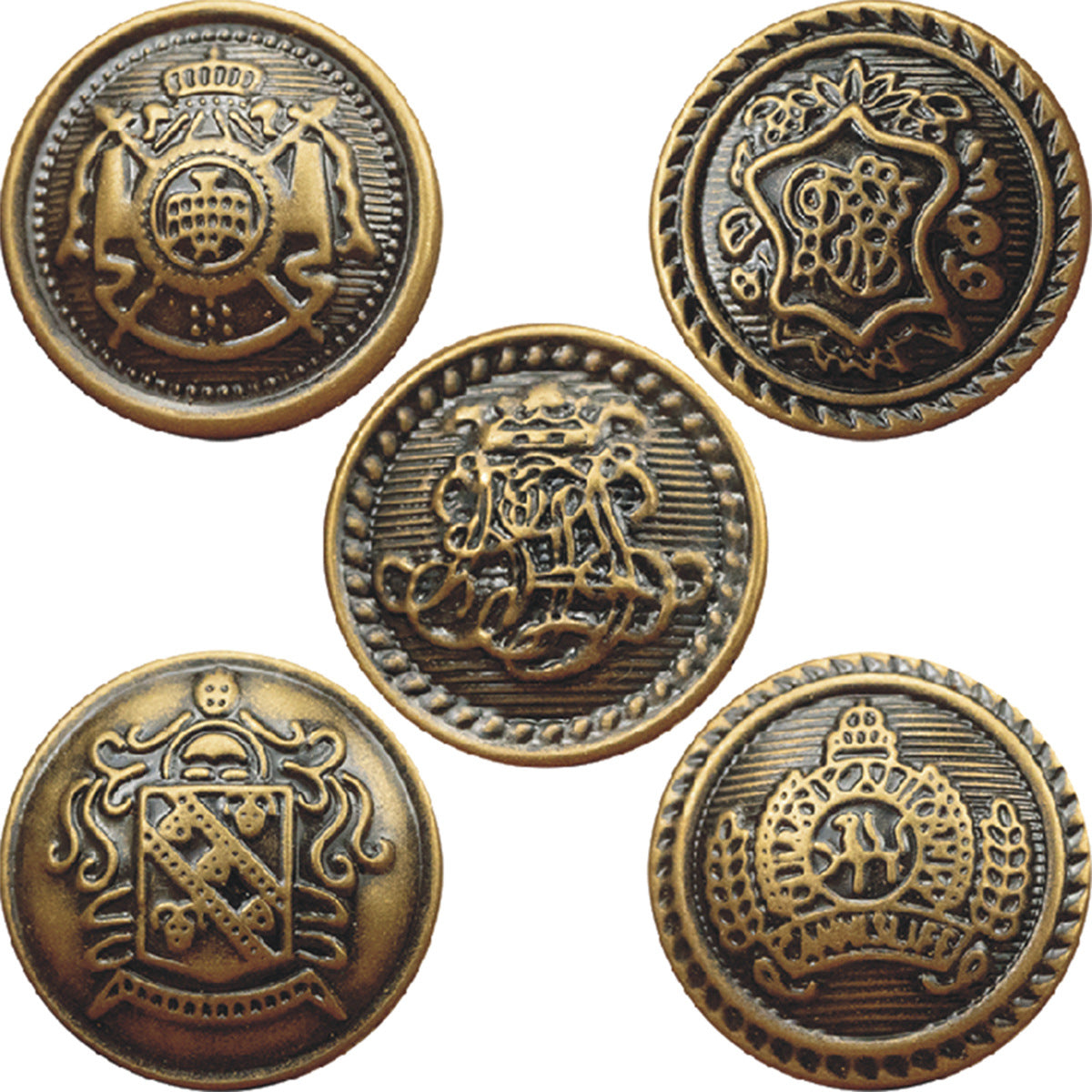 Antique bronze brass button set, round crest design with crown and shield
