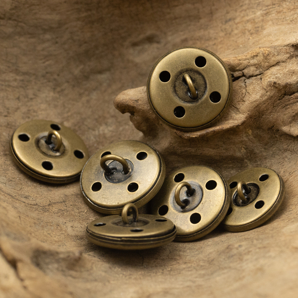Antique bronze brass buttons, round backs with 2-hole shanks for sewing