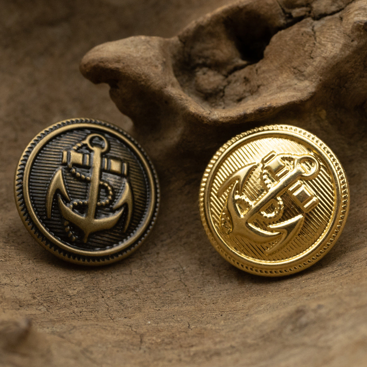 Anchor emblem metal buttons, Bronze and Gold round fronts with ridged striped design