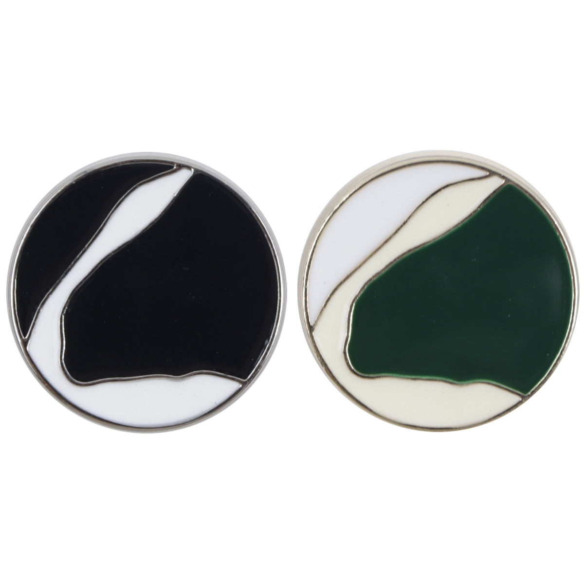 Oil-paint style buttons: green, black & white enamel, silver-toned metal, set of 10