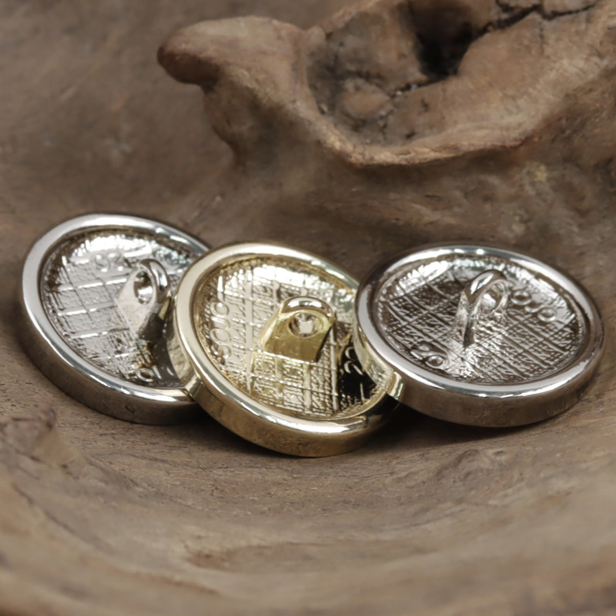 Round metal button backs with embossed design, silver finish (10 pcs)