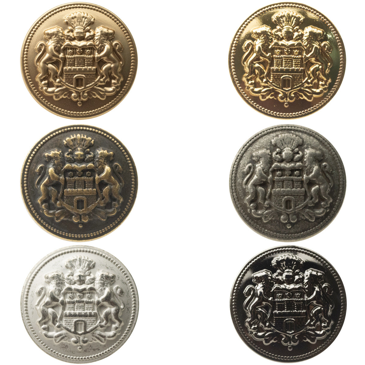 Lion-Crown Metallknöpfe, 6er-Set mit Löwenwappen in Gold-, Silber-, Bronze- und Schwarzfarben