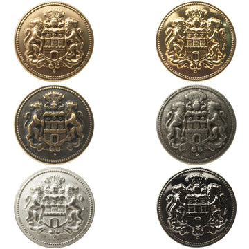 Lion-Crown Metallknöpfe, 6er-Set mit Löwenwappen in Gold-, Silber-, Bronze- und Schwarzfarben