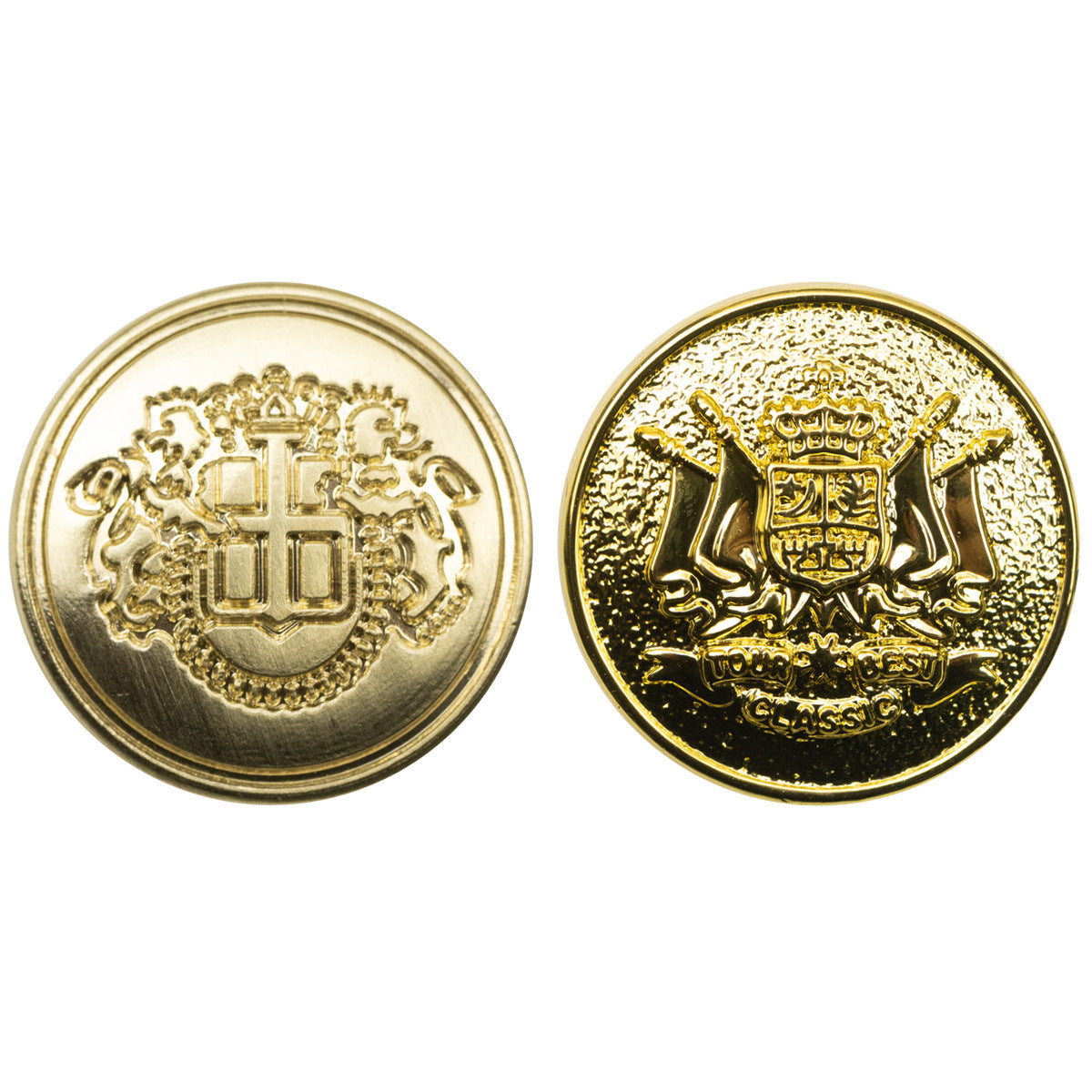Golden shield metal buttons (2): lion and crest/crown emblems, gold-tone finish
