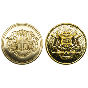 Golden shield metal buttons (2): lion and crest/crown emblems, gold-tone finish