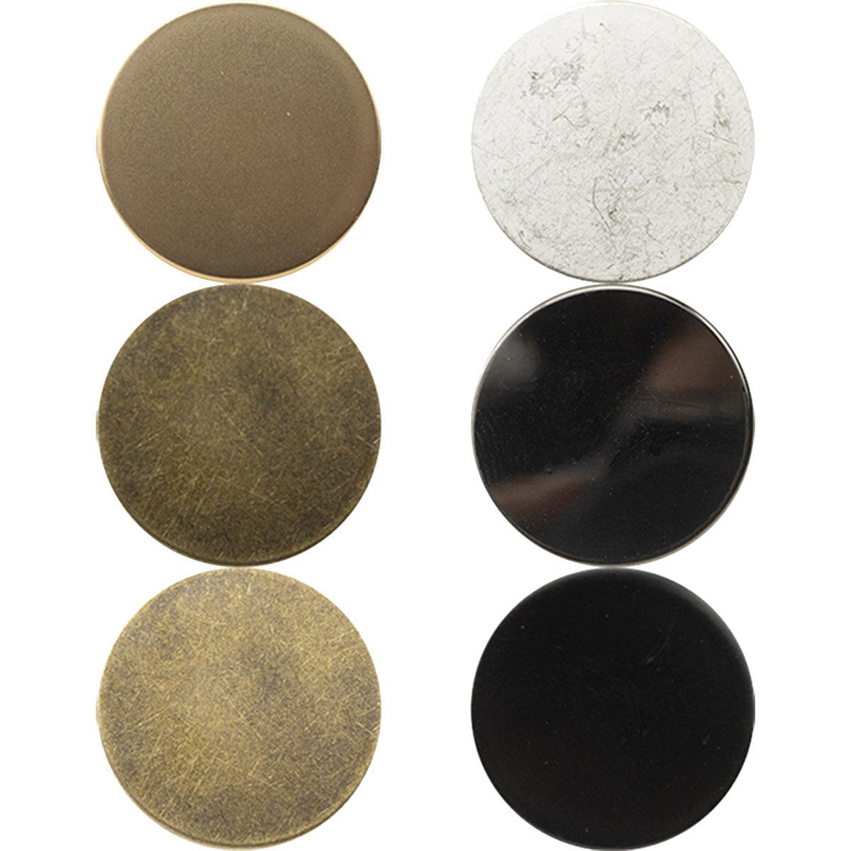 Round metal flat buttons with shank, assorted matte gold, polished gold, silver, bronze, black