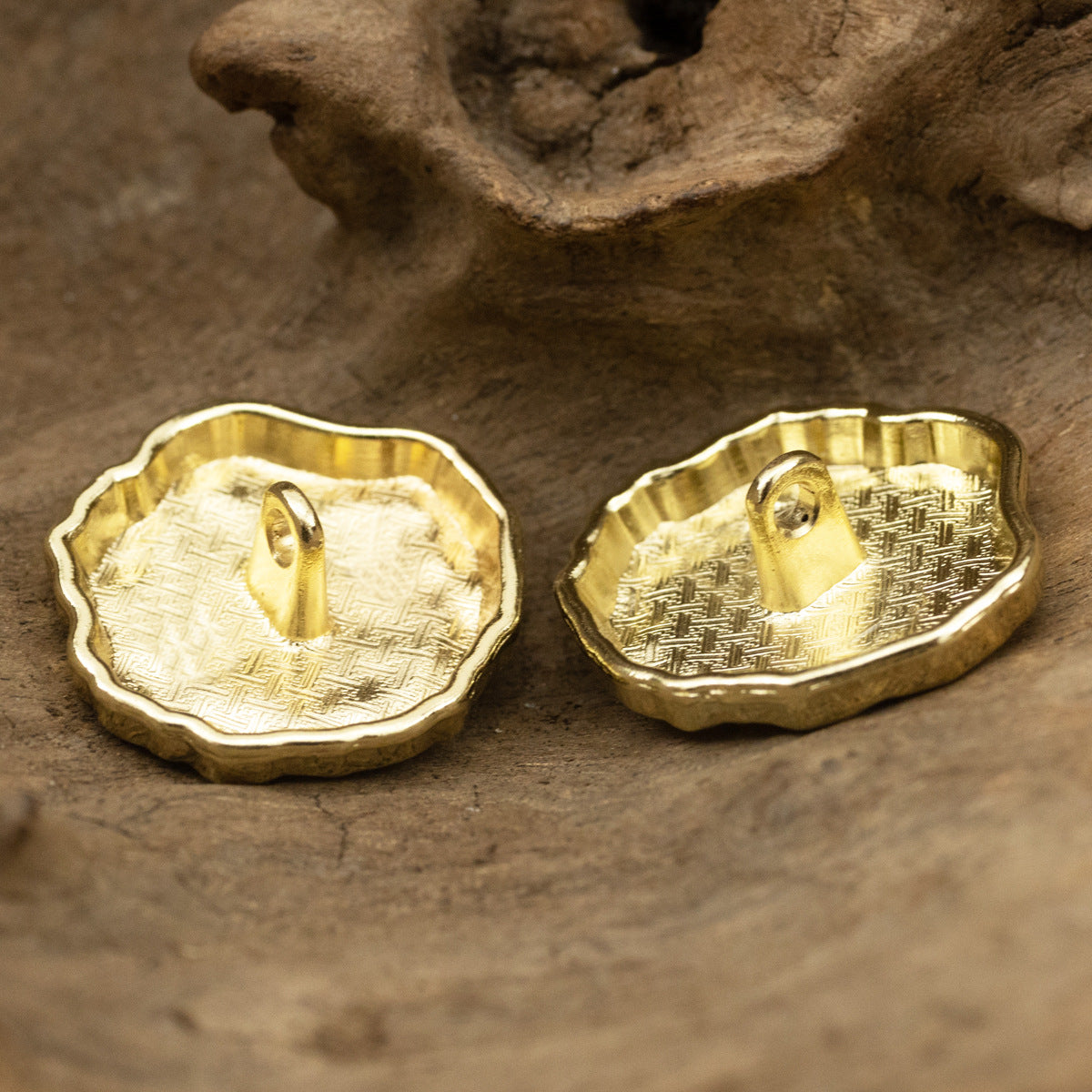 Golden polygonal metal button backs with loop shank and textured finish, 18/23mm