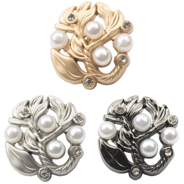 Leaf-and-pearl diamond-inlaid metal buttons set: gold, silver, black (10 pcs)