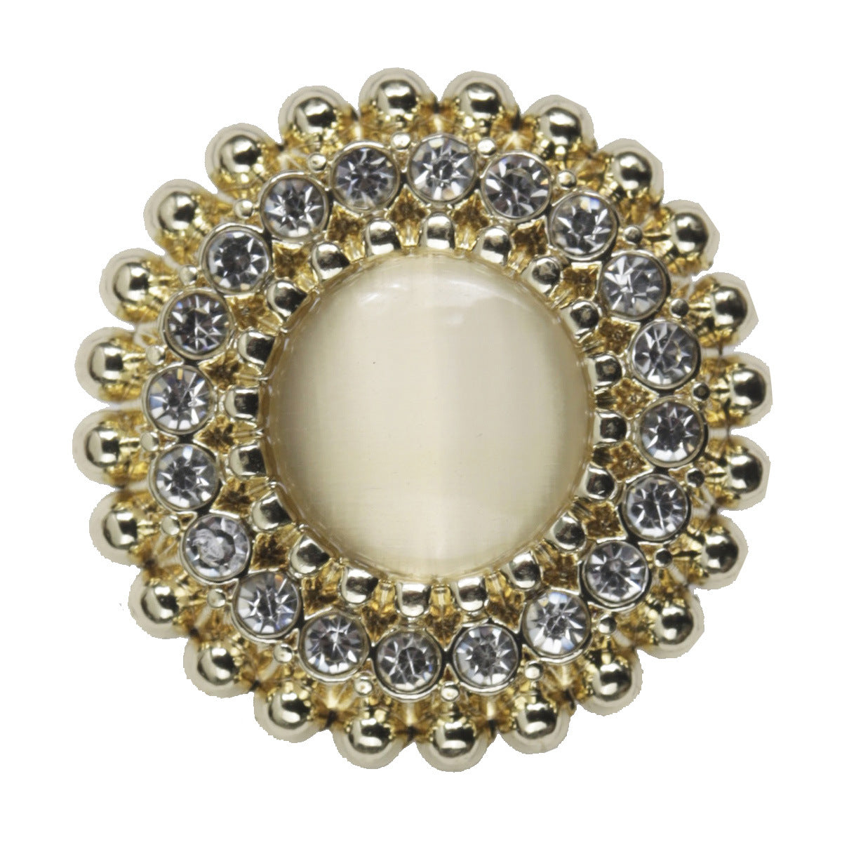 Light gold lace metal button with faux pearl center, crystal rhinestones and shank