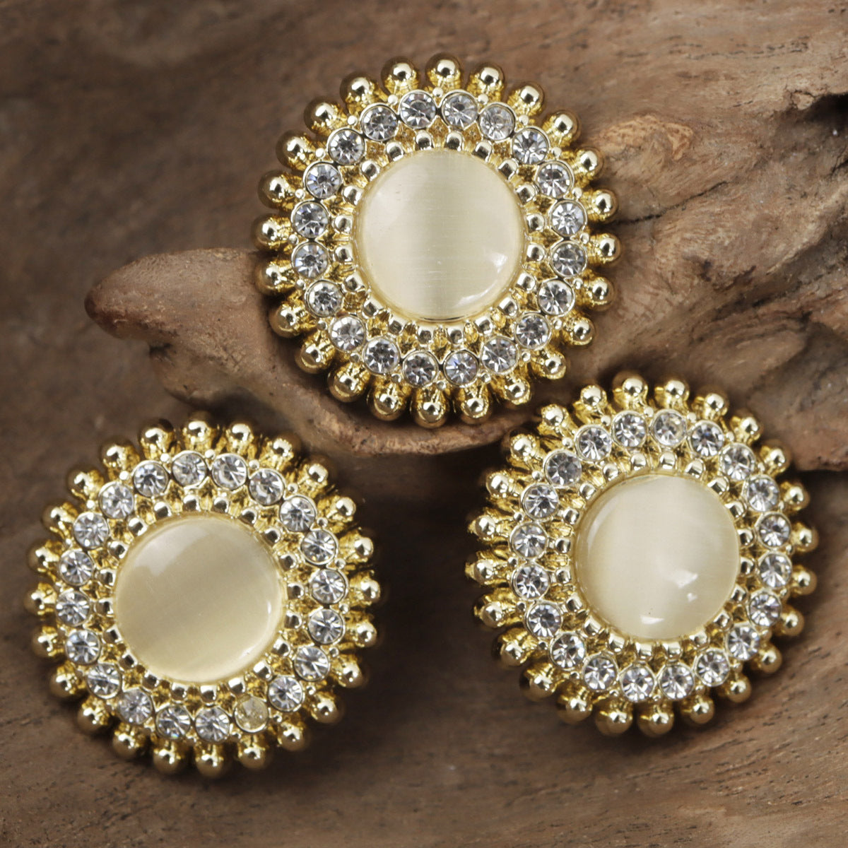 Light gold lace metal buttons set with faux pearl centers and crystal rhinestone circles