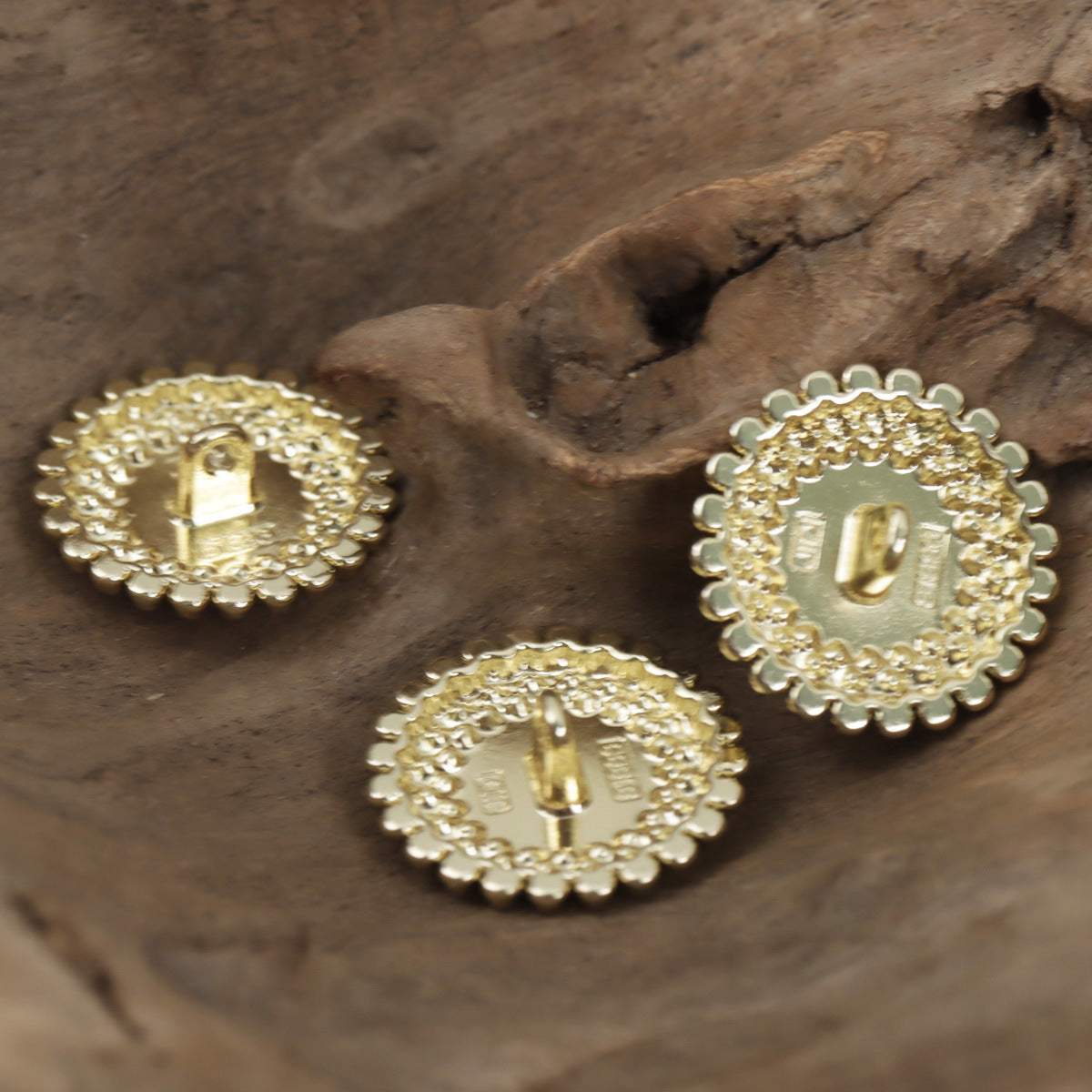 Light gold lace metal buttons (3) with faux pearl centers, crystal trim, visible shanks