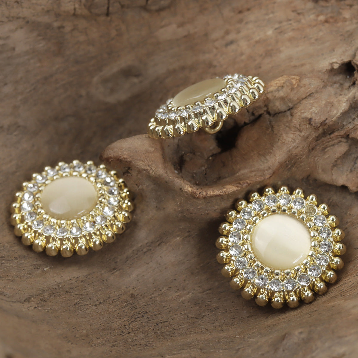 Light gold lace metal button, faux pearl center with crystal rim, raised shank