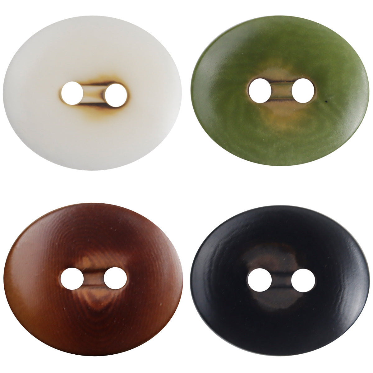 Charred two-hole oval corozo buttons in beige and green, 10pcs