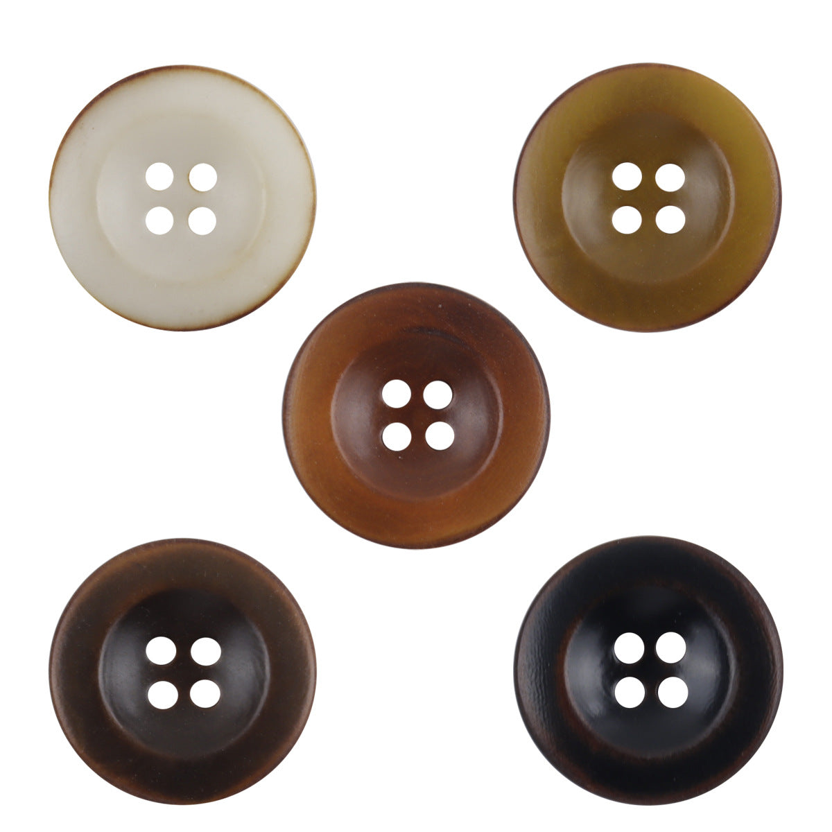 Natural corozo palm nut buttons, wide edge, 4-hole set in beige, olive, brown, dark, black