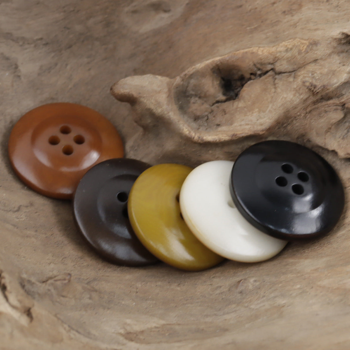 Palm nut corozo buttons, 4-hole, assorted brown, yellow, cream, and dark colors