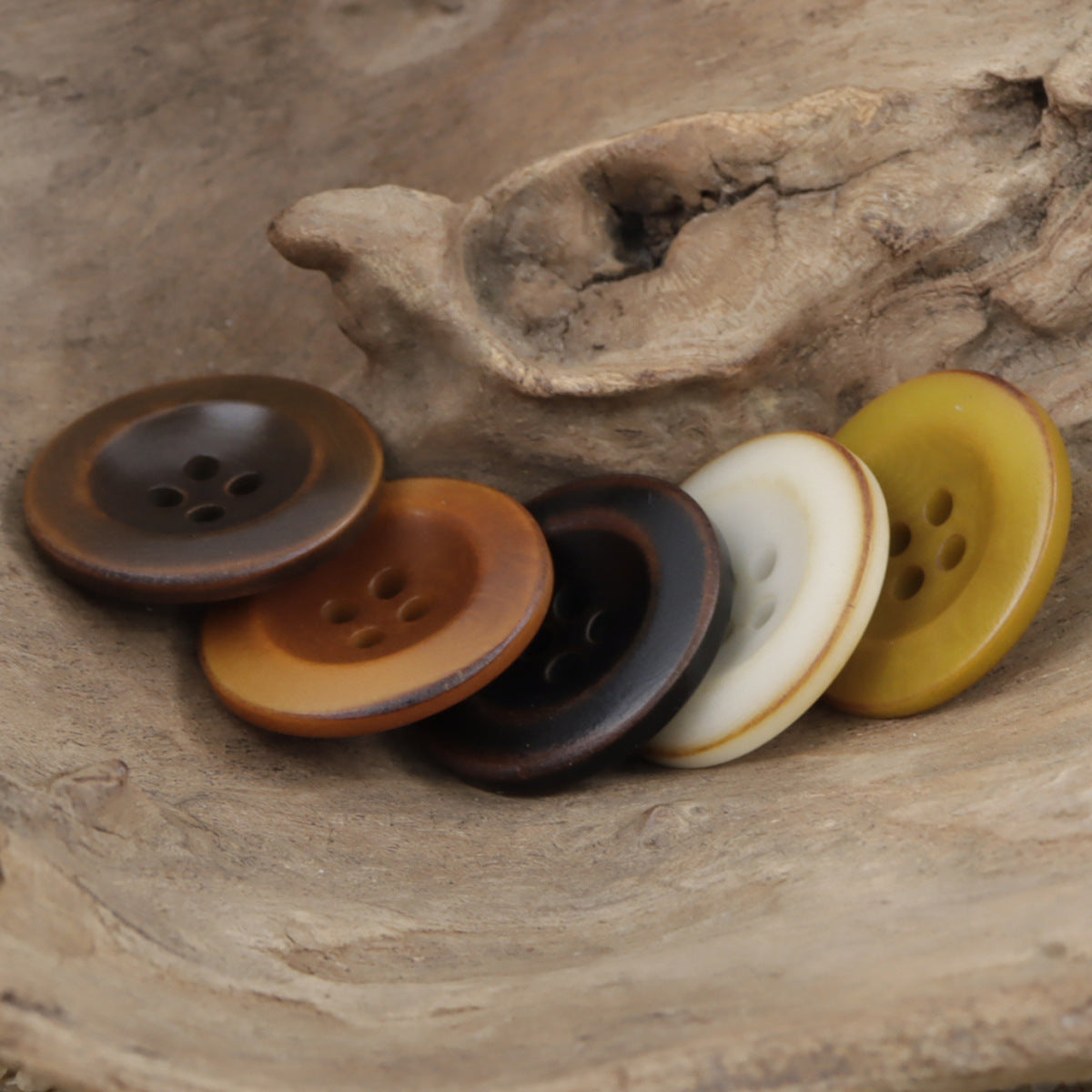 Palm nut corozo buttons, 4-hole, set in dark brown, tan, cream, and mustard-yellow